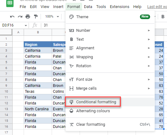 condformat values gs menu