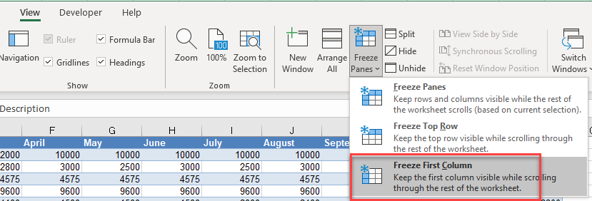 freezepanes freeze first column