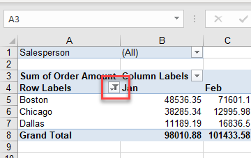 pivottable filter filtered