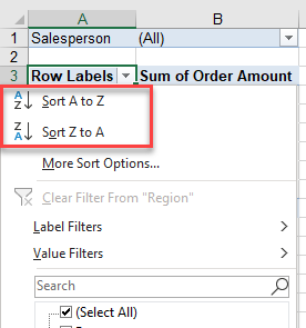 pivottable sort