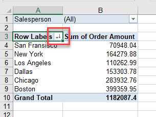 pivottable sorted