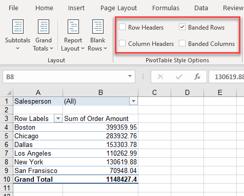 pivottable style options