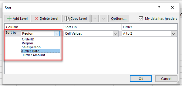 columns sortable sort field